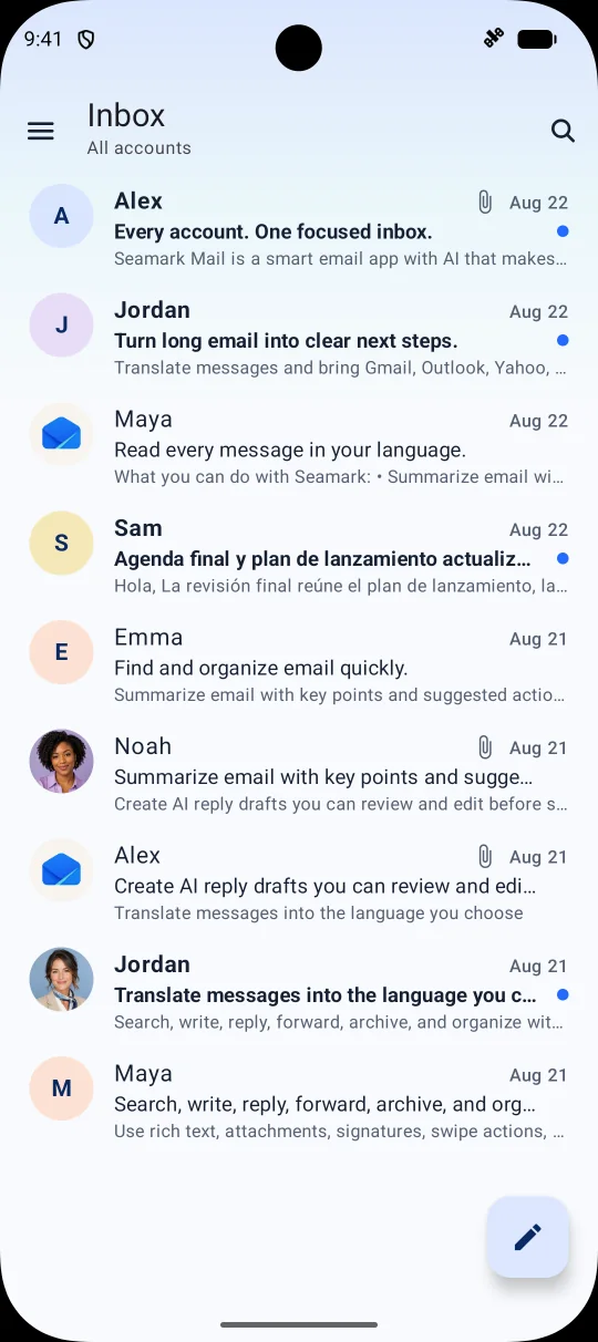 Seamark Mail unified inbox on an Android phone