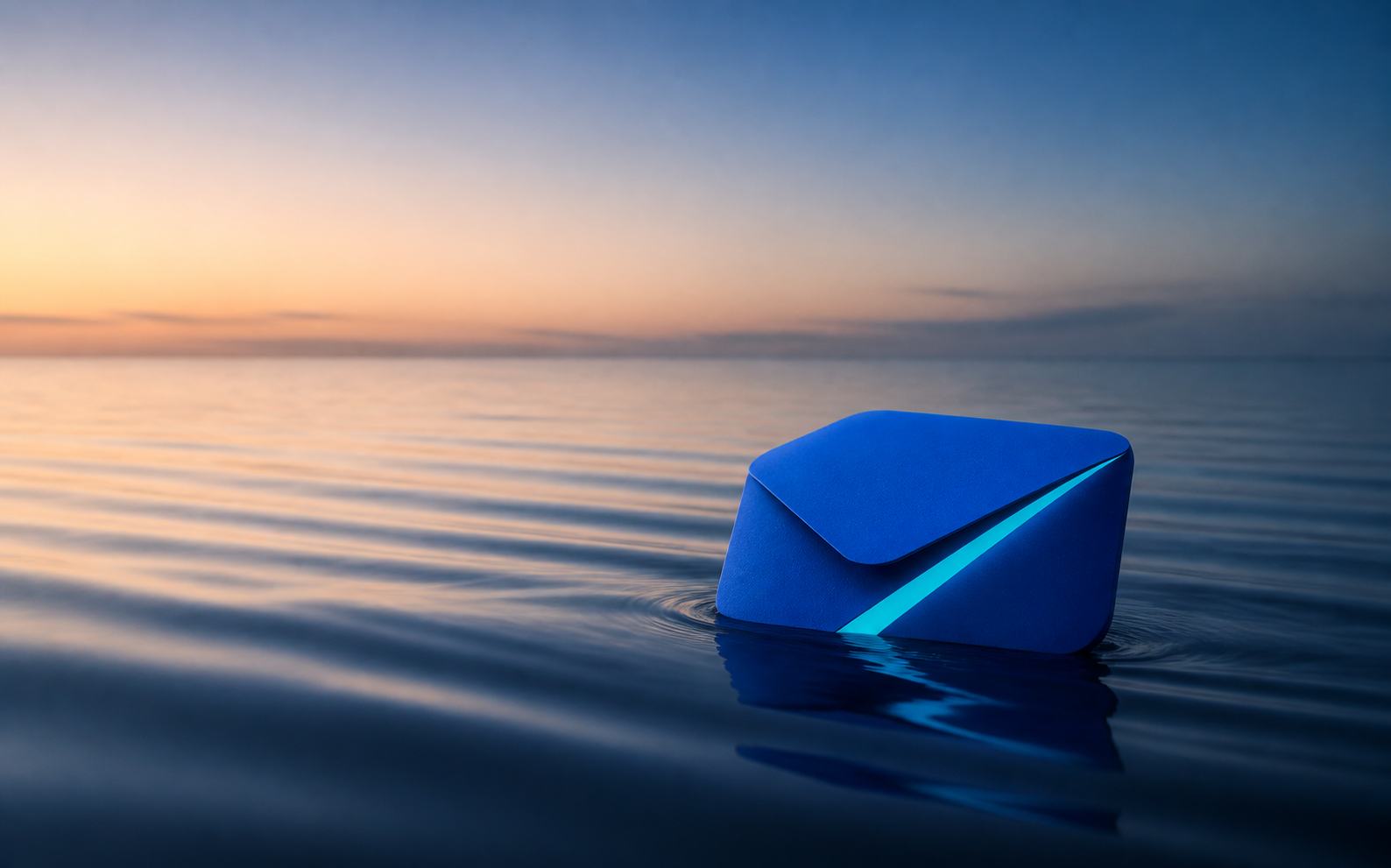 A blue folded envelope floating on calm water at dawn